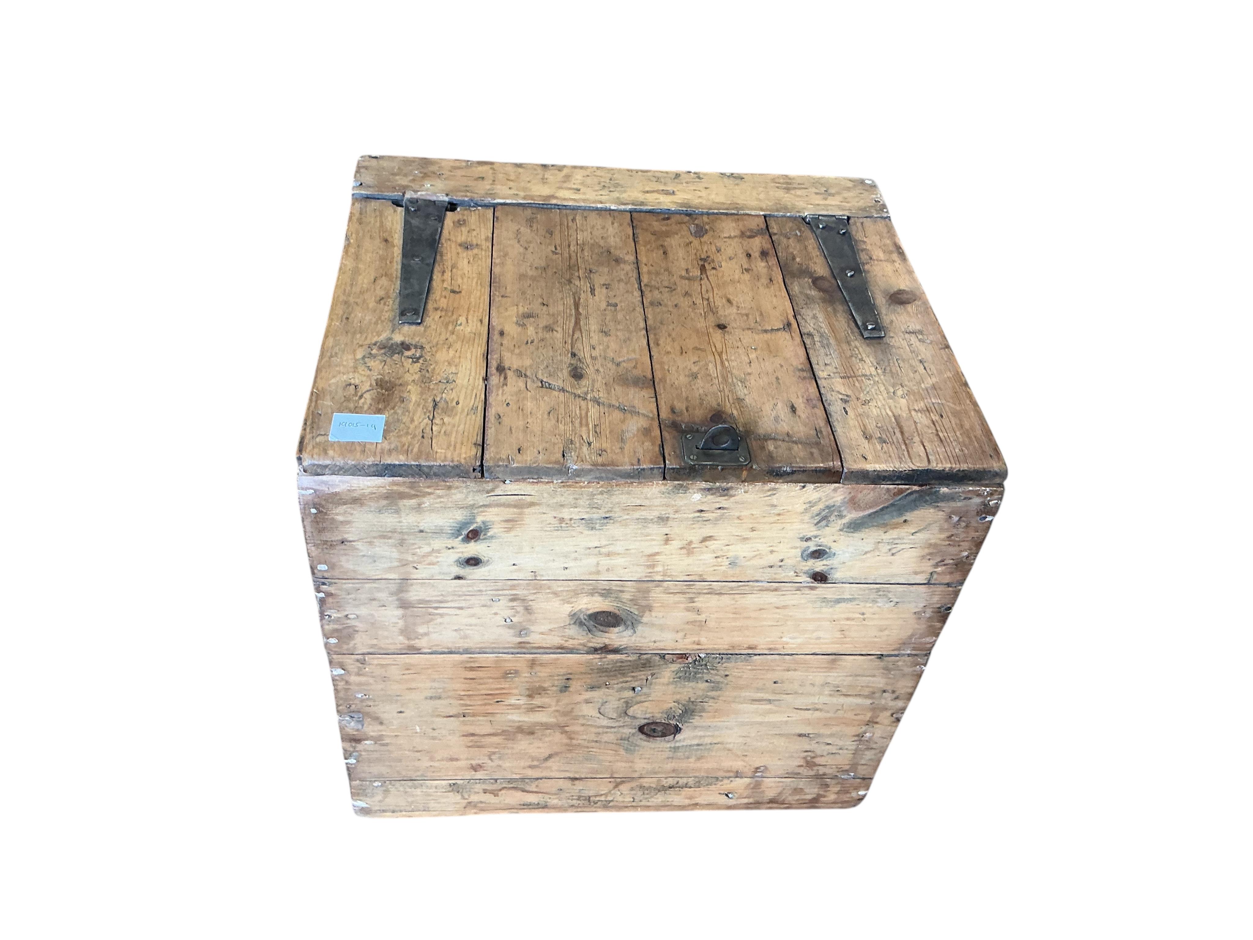 A 19th century brass and iron mounted pine trunk, width 57cm, depth 49cm, height 56cm